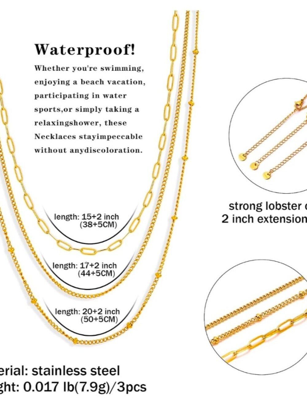 14k Gold / 304 No Tarnish 3 chain layered adjustable set - Picture 3 of 8